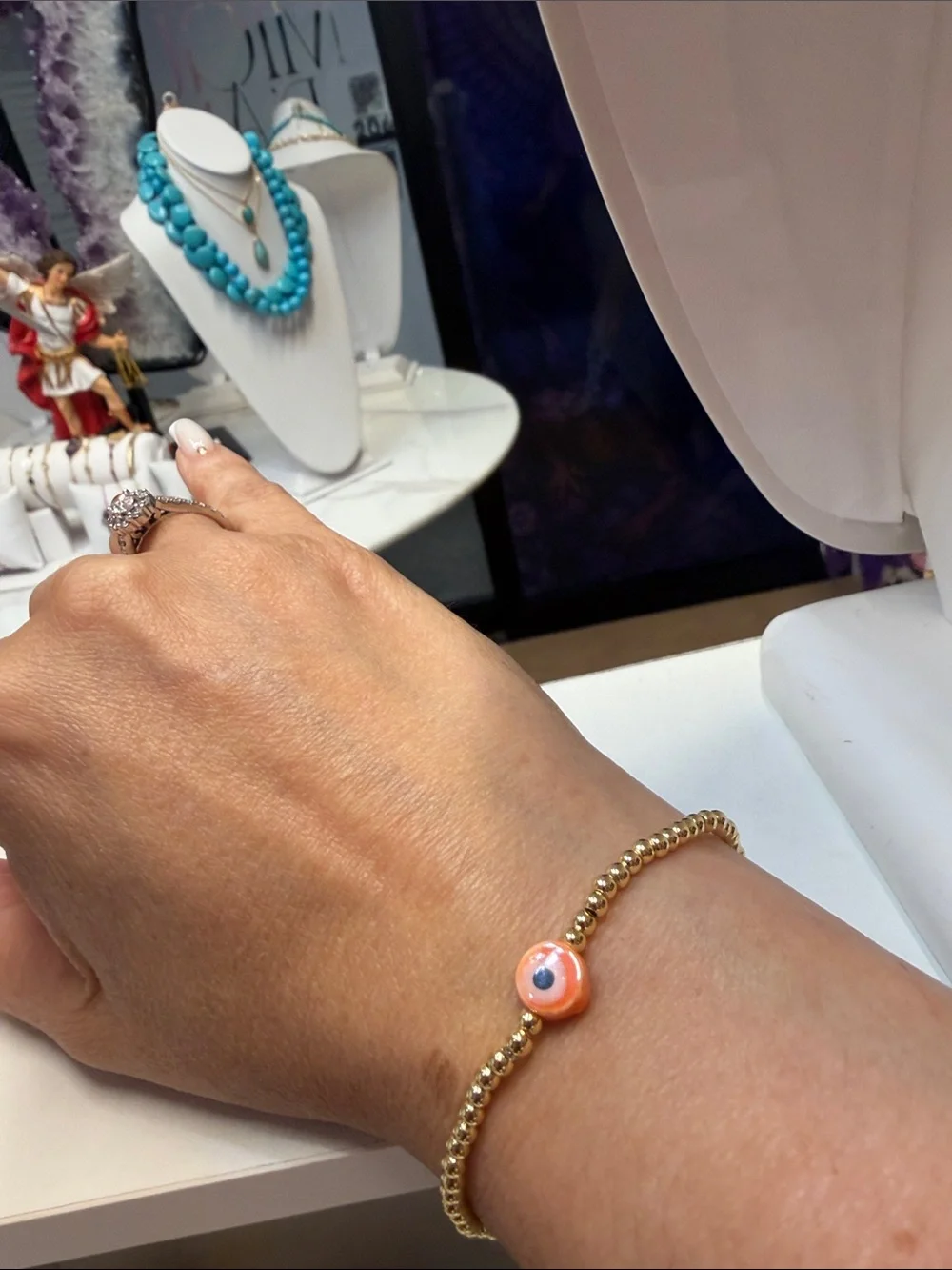 Gold Bead Bracelet with Coral Eye Charm - Women's Jewelry